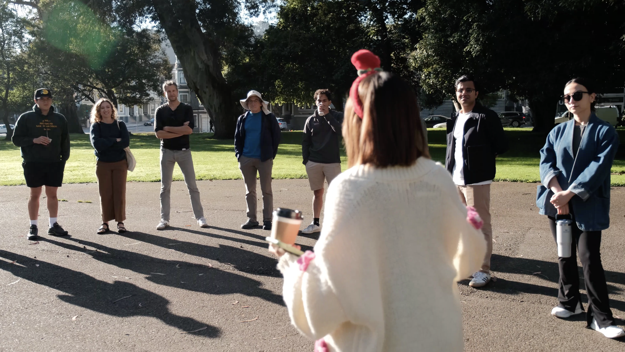 Alice welcoming the circle before a Saturday Board Walk in Golden Gate Park.